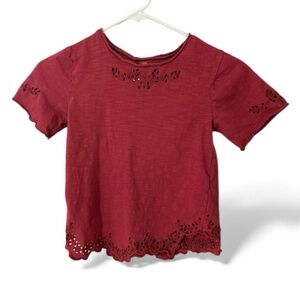 Free People Red Lace Trim Short Sleeve Top Size S